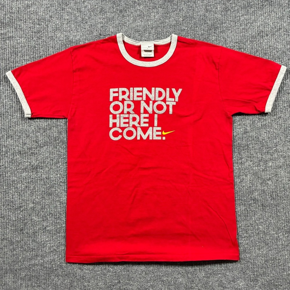 Nike Soccer Mens Graphic‎ Ringer T-Shirt Large Red "Friendly Or Not Here I Come"
